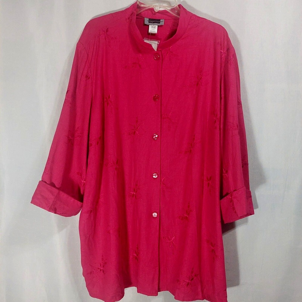 Maggie Barnes Tunic Shirt Jacket Womens 26W Button Up Shoulder Pads Embroidery